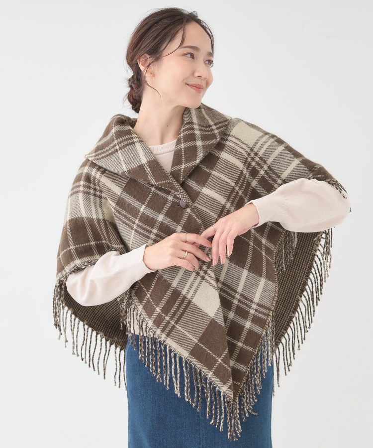リバーシブル】襟元ギャザー チェックポンチョ（ポンチョ） | SHOO・LA
