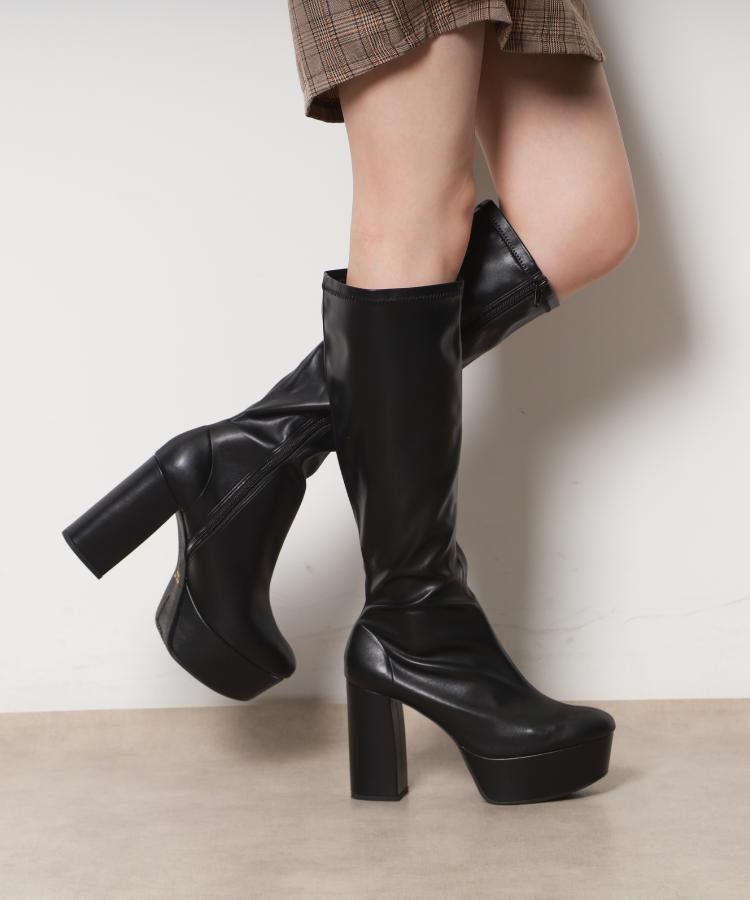 ラク盛り／ロングブーツ】リピーター続出／脚長美脚 厚底ロングブーツ