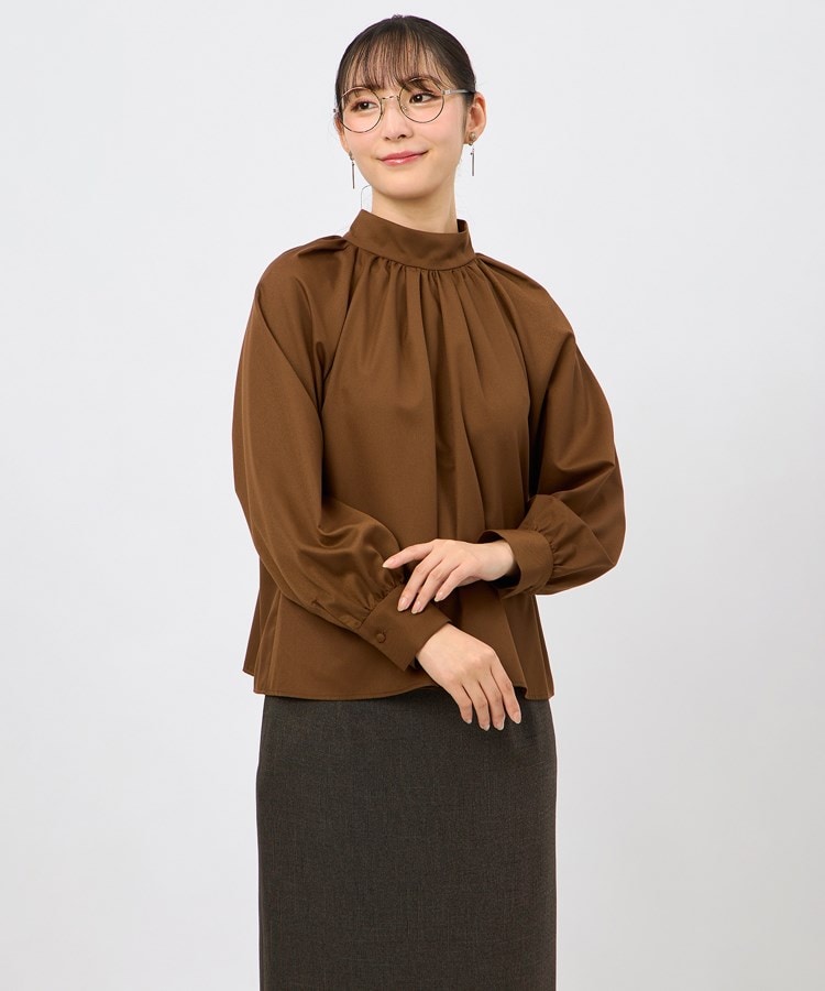 静電気抑制】ハイネックギャザーブラウス（シャツ・ブラウス