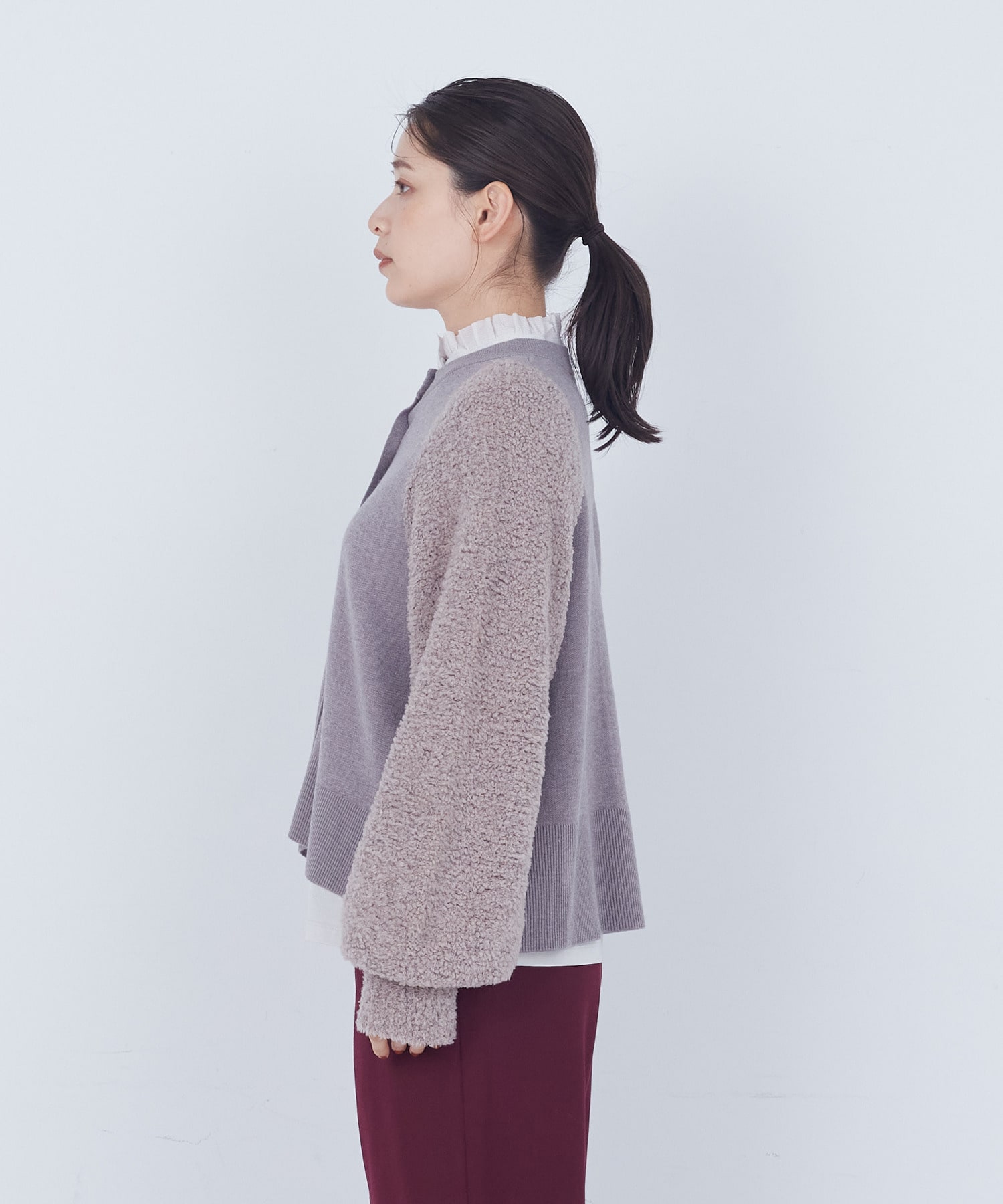 ウールナイロンブークレー×ウールセミ梳毛コンビカーディガン