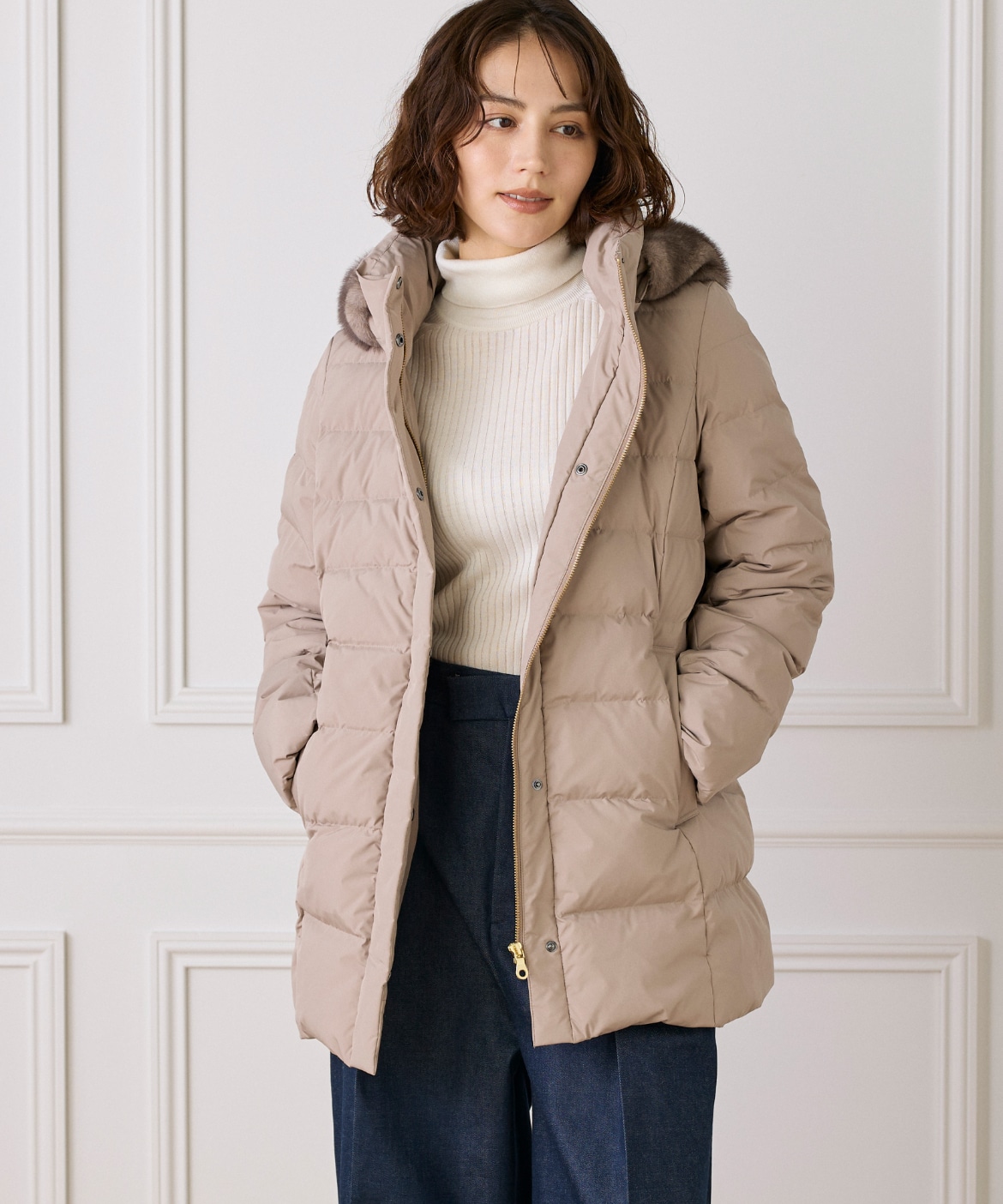 大きいサイズ》ミドル丈 フェイクファーフードミドルダウンコート