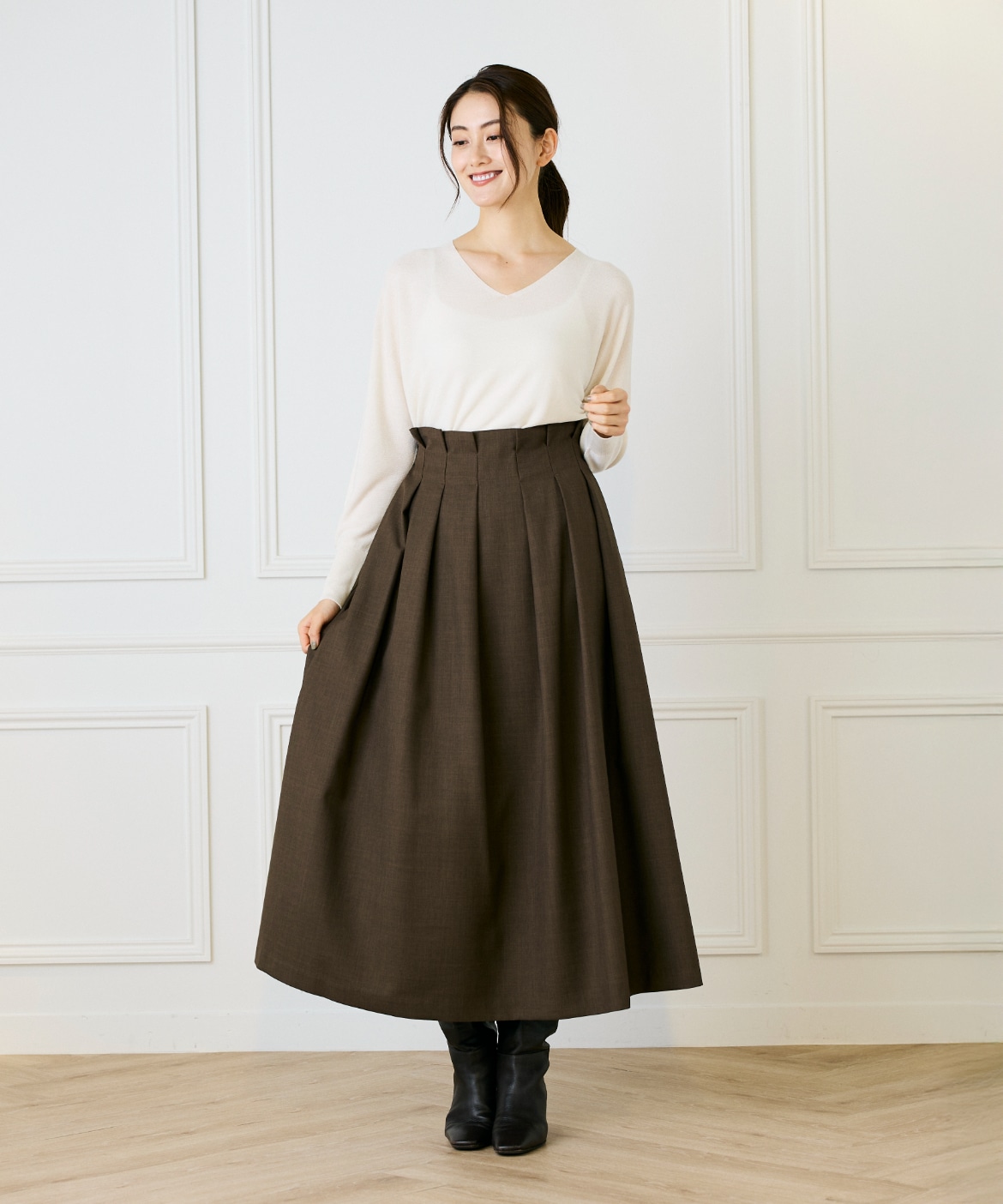 コラボSTORY》ベルテッドタックプリーツスカート（ロング丈）【STORY11