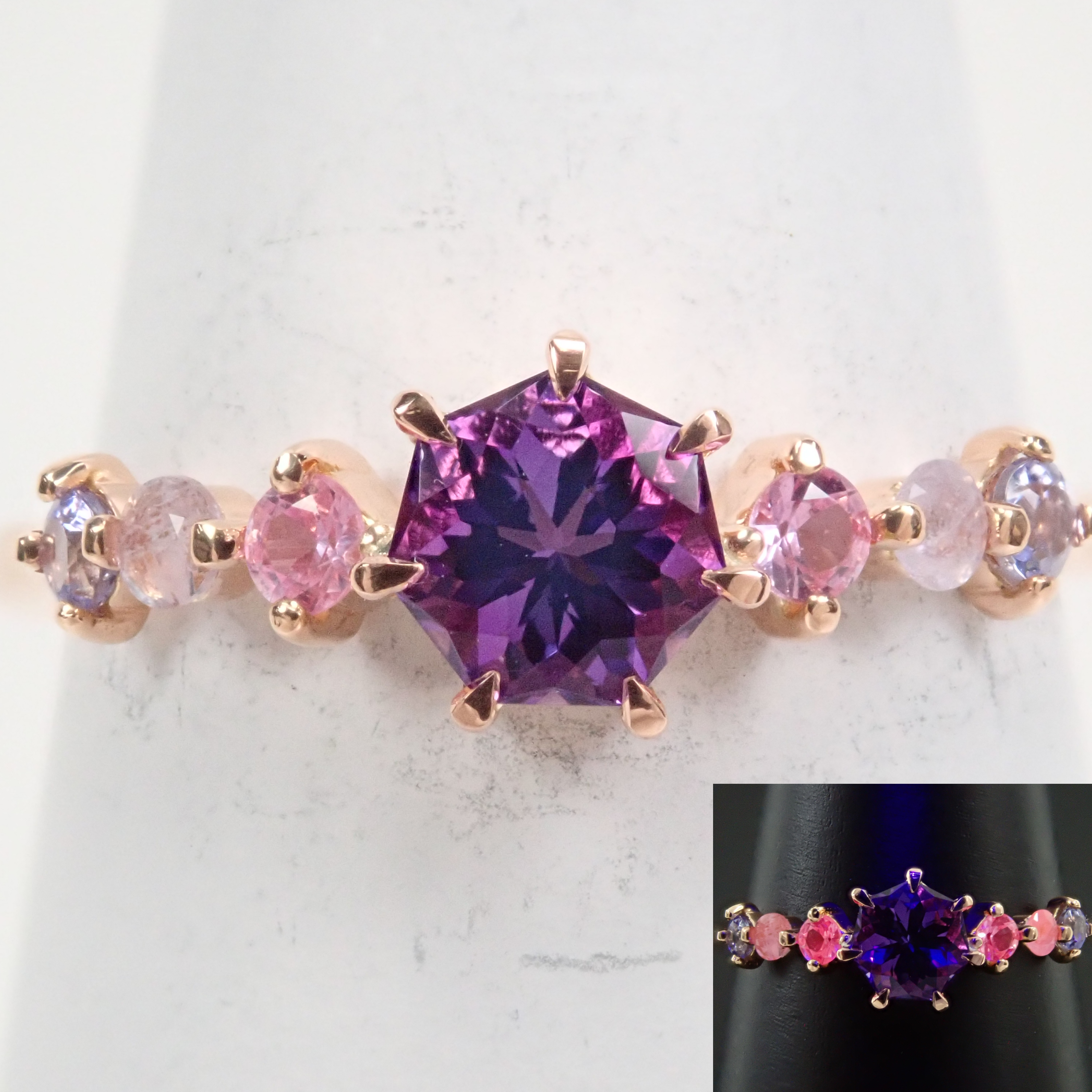 K18PG Brazilian color shift amethyst, hackmanite, pink sapphire ring