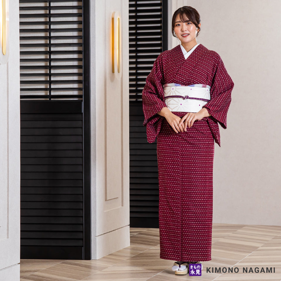 久留米絣│お仕立て上がり 洗える木綿きもの │フリーサイズ 臙脂に