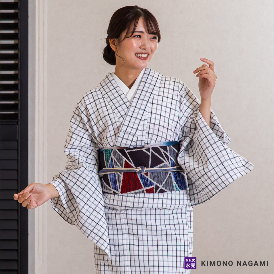 久留米絣│お仕立て上がり 洗える木綿きもの │フリーサイズ 白に黒灰