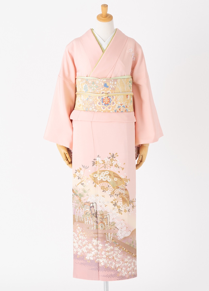 訪問着レンタル 御所車に扇 桜色 L | 訪問着レンタル | やまと