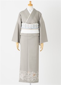 付下げ訪問着レンタル 更紗花冠 石色【華紋の行進 白 スタイル