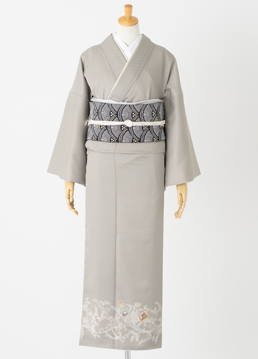 付下げ訪問着レンタル 更紗花冠 石色【松風 漆黒 スタイル