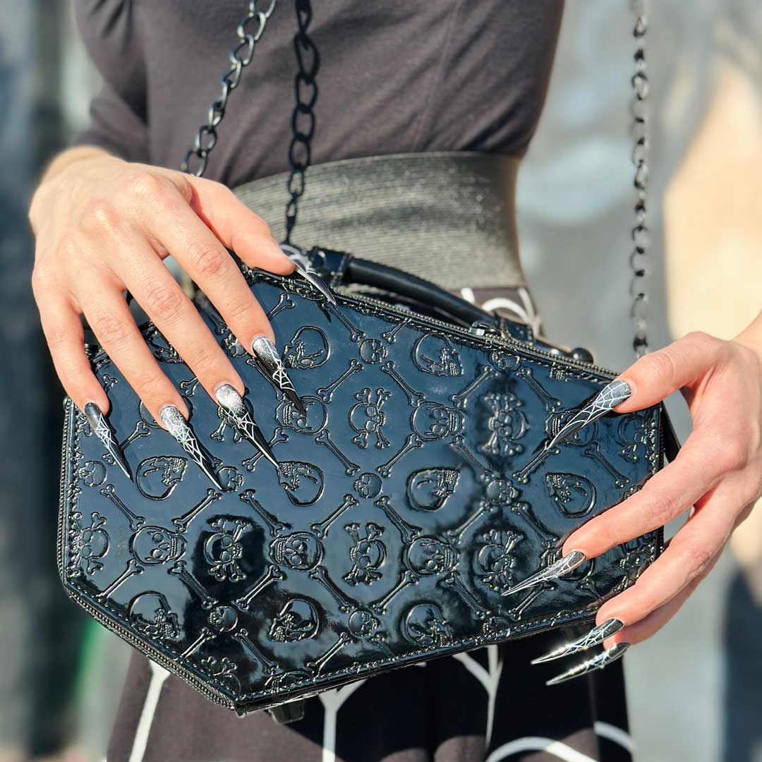 Embossed Patent Skull Crossbones Coffin Purse Bag