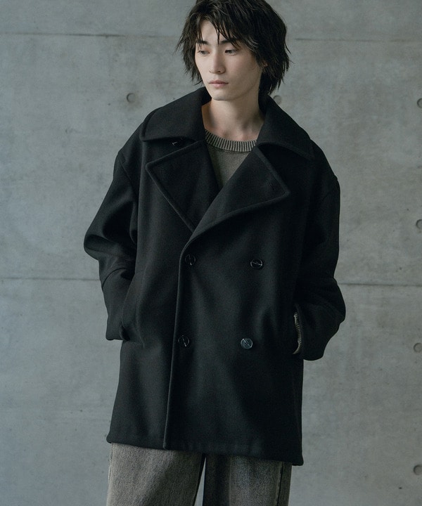フェイクメルトンオーバーサイズビッグカラーピーコート｜メンズ