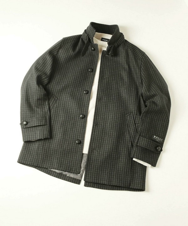 ウールコットンアクリル千鳥格子スタンドカラーコート｜メンズ