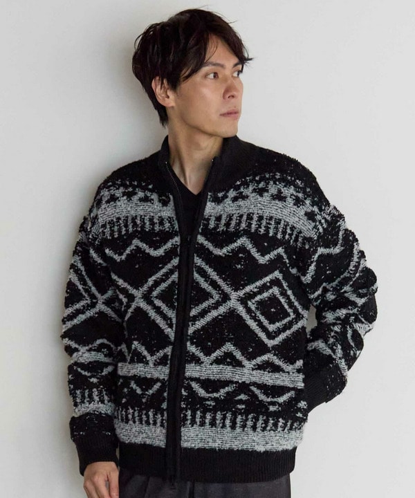 カウチンモチーフデザイン ZIPアップスタンドニットブルゾン｜メンズ