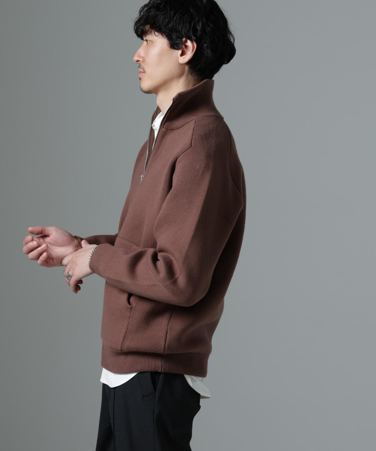 ハーフジップ ダブル ニット ハイネック