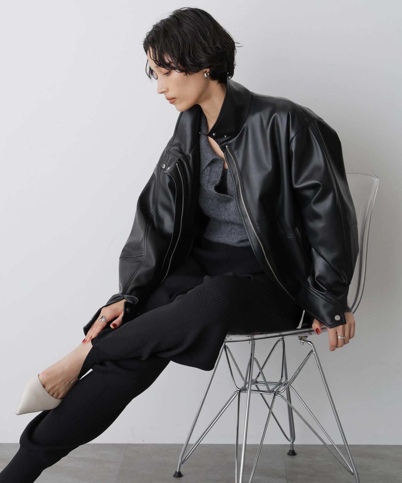 STEVELOUR 」 スタンド フェイク レザー ジップ ブルゾン