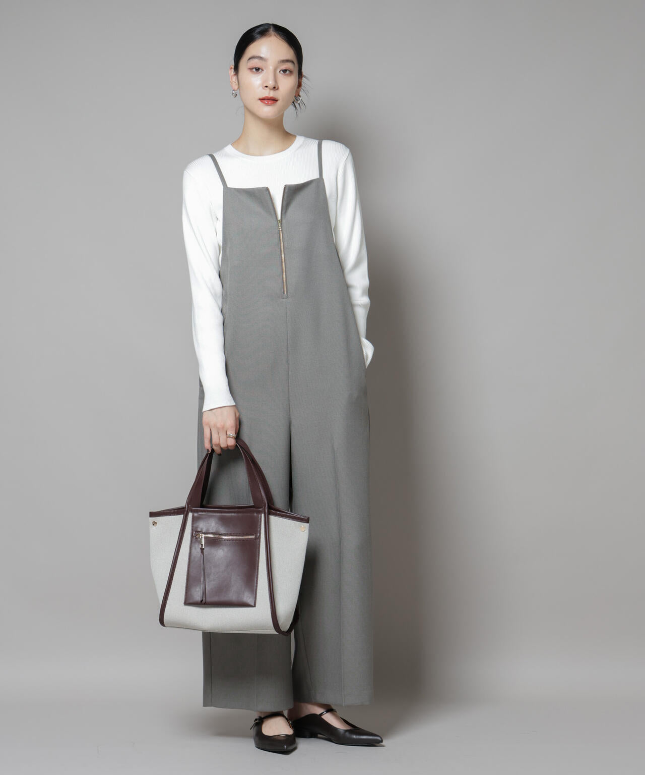 キャンバス × フェイクレザー ポケット バッグ