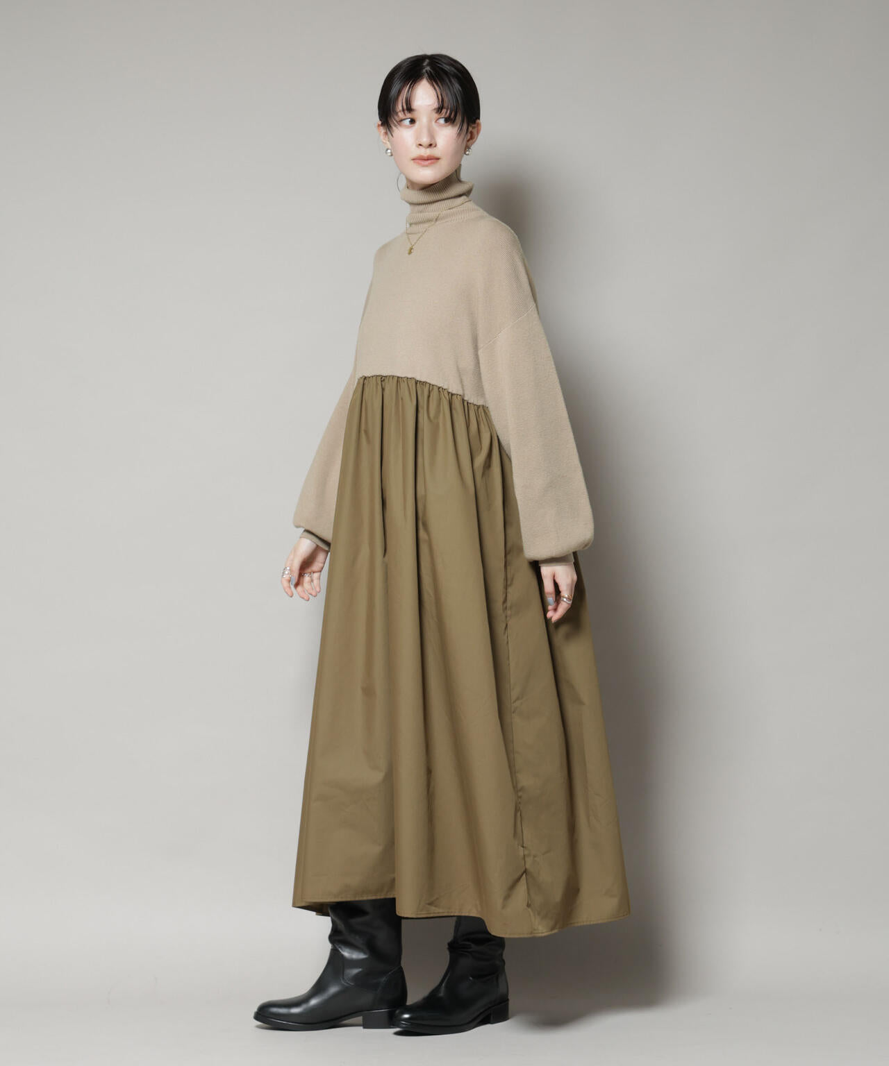 異素材 コンビ ドッキング タートル ワンピース