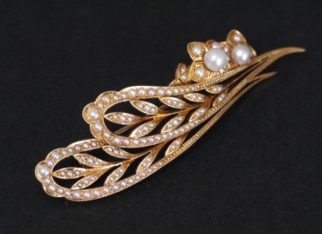 K15製 御木本真珠店製 アールヌーボー調のフラワーリーフのブローチ