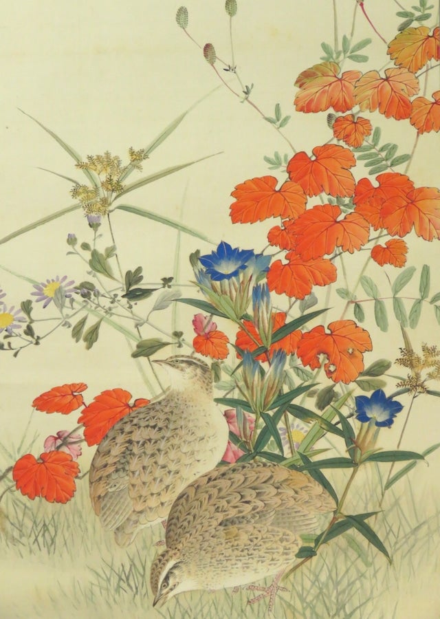 真作掛軸 津田真『秋野 秋草に鶉』絹本 共箱 二重箱 掛け軸 m011121