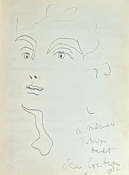 ジャン・コクトー「若い女性の頭部」自筆サイン入りペン・デッサン画