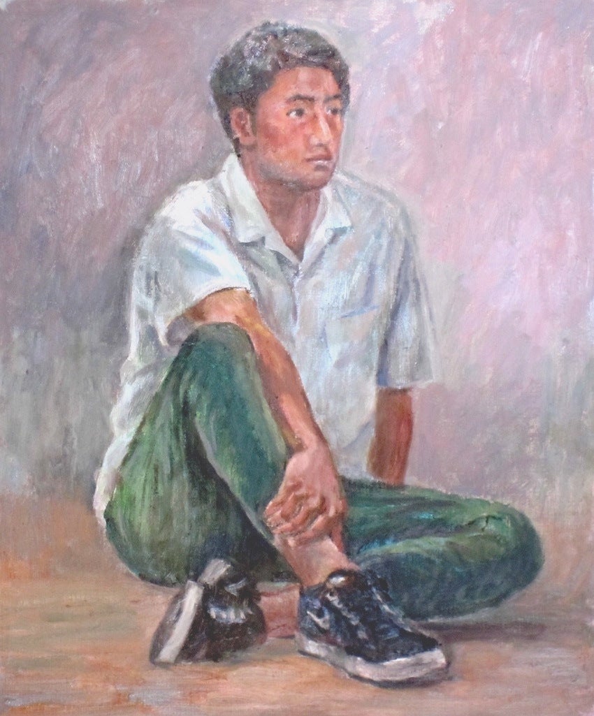 立膝で座る男性 油彩画 | 坂上尚子の油彩画ブログ