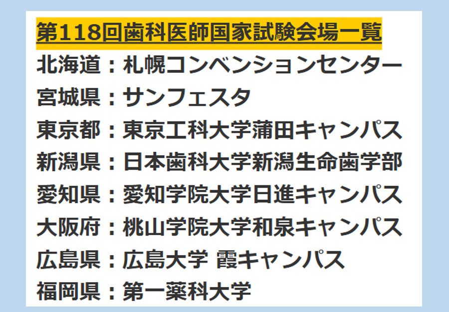 第118回歯科医師国家試験の試験会場が発表されました。 | 歯科医師国家