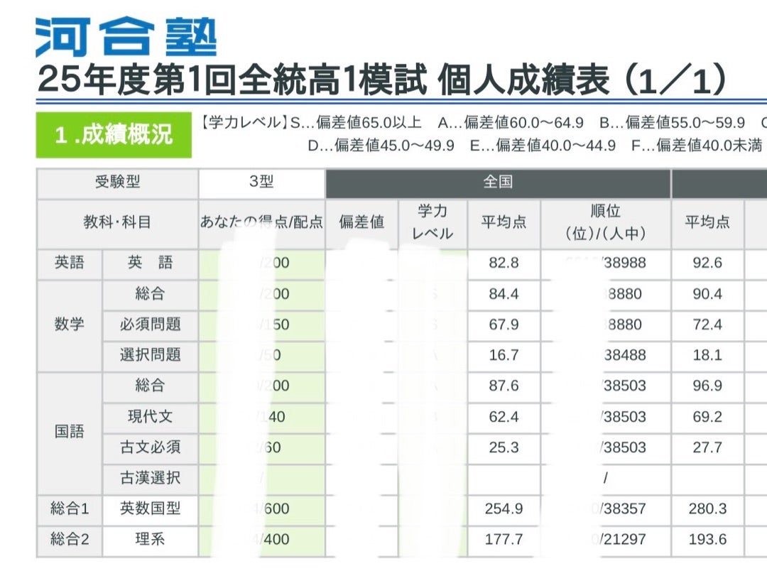 河合塾2025年度全統高1模試平均点。とちょっと結果 | N2027。次は次女