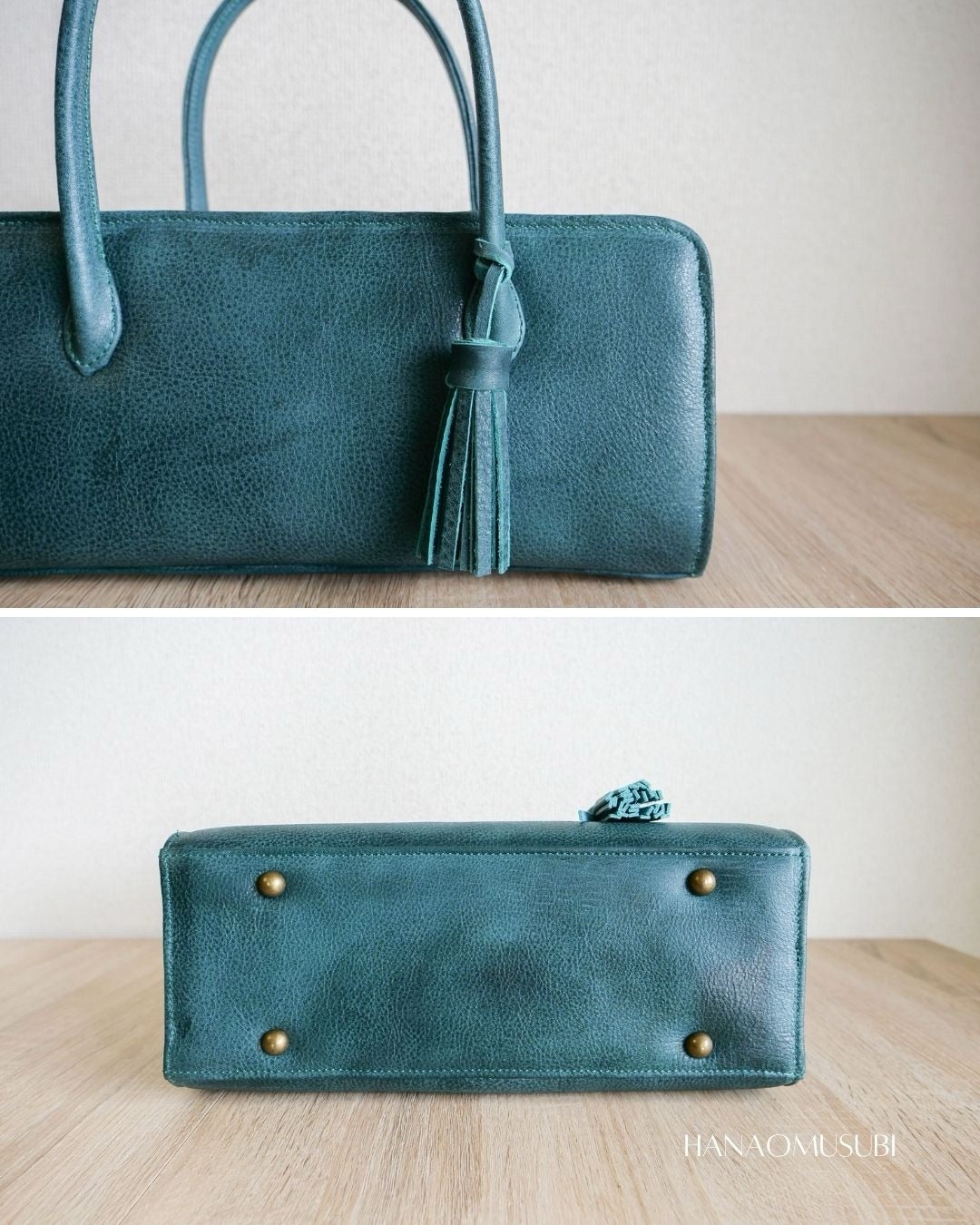 美品 本革 利休バッグ 和装バッグ レザー 青緑 ピーコックグリーン