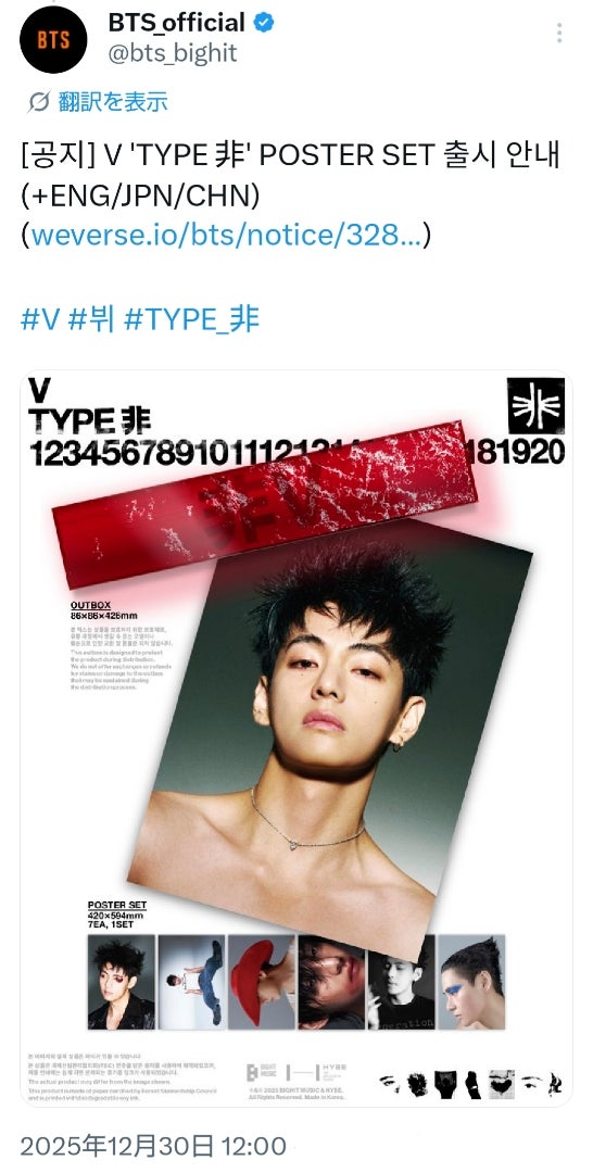 BTS V】キムテヒョン『V 'TYPE 非'』『V 'TYPE 非' ポスターセット