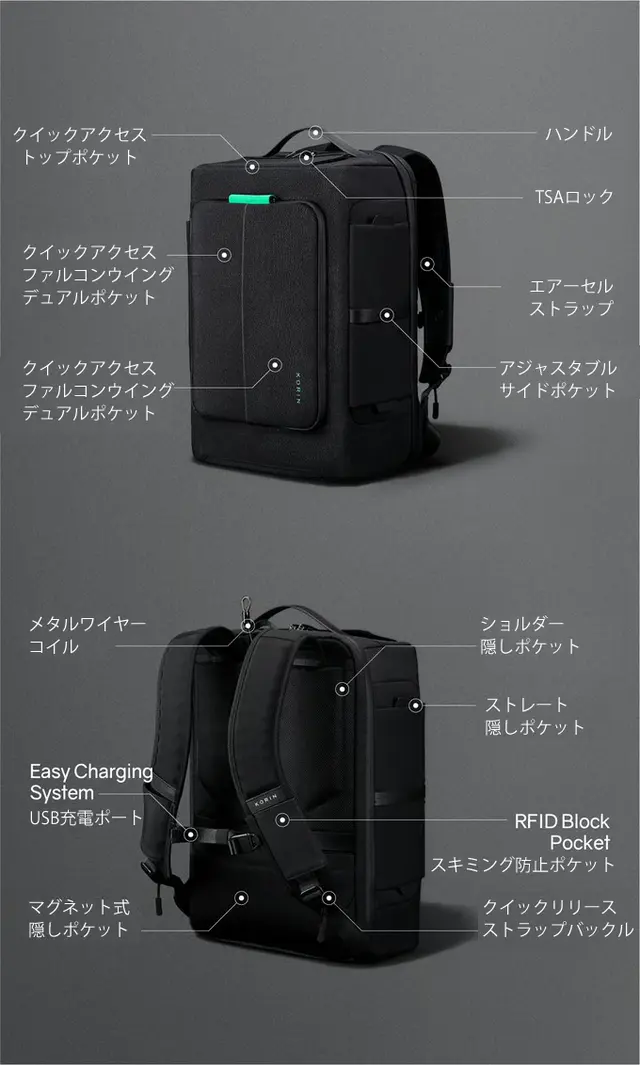 33のポケットに定位置収納可能、正面は観音開きポケット。防刃・盗難