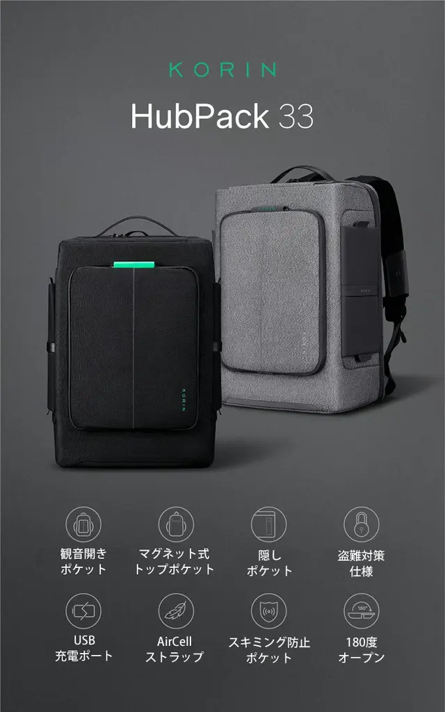 33のポケットに定位置収納可能、正面は観音開きポケット。防刃・盗難