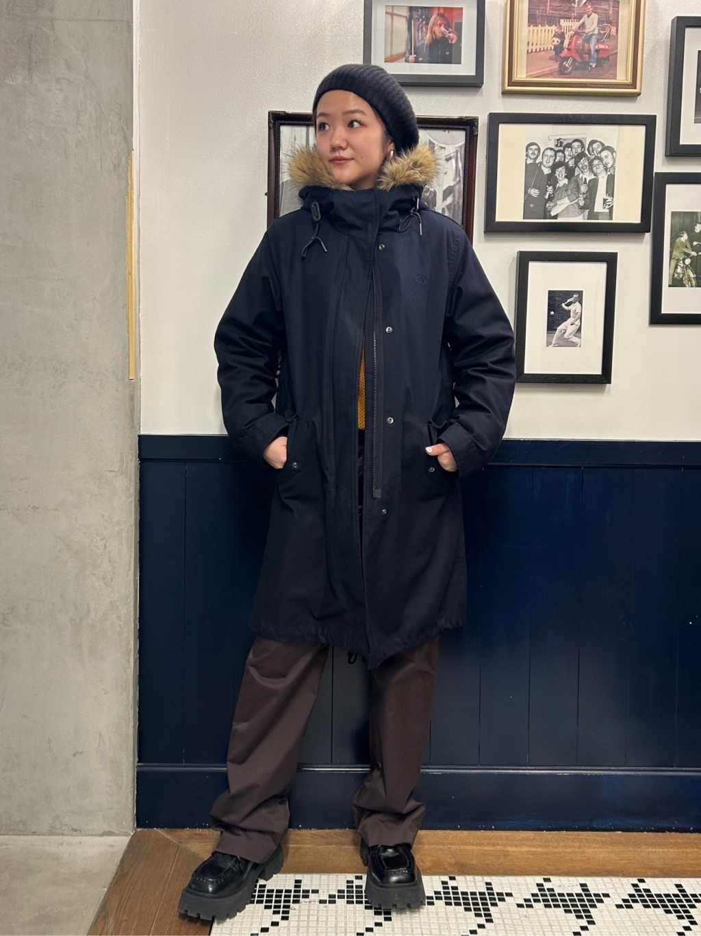 FRED PERRYファー付きブラックモッズコート メンズS フレッドペリー