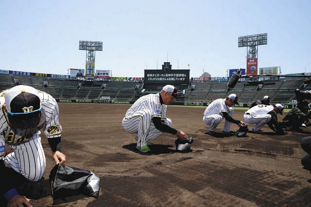 阪神ナイン&阪神園芸が高3球児に贈る“甲子園の土”ひろい集め作業