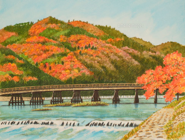 水彩「京の四季」 嵐山 渡月橋 右京[02237009413]の写真・イラスト素材