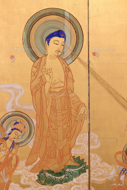 名号阿弥陀三尊来迎図屏風(部分)[20076000421]の写真・イラスト素材