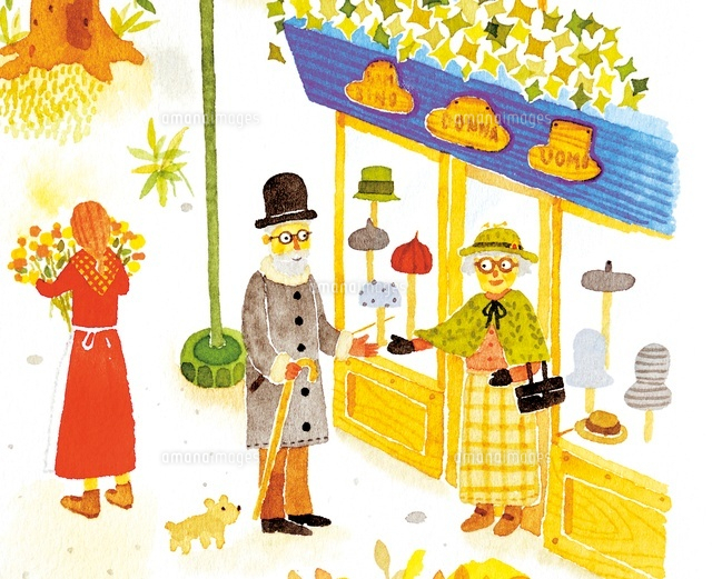 帽子屋さんから出てきた老婆と挨拶をする老父[20037006723]の写真