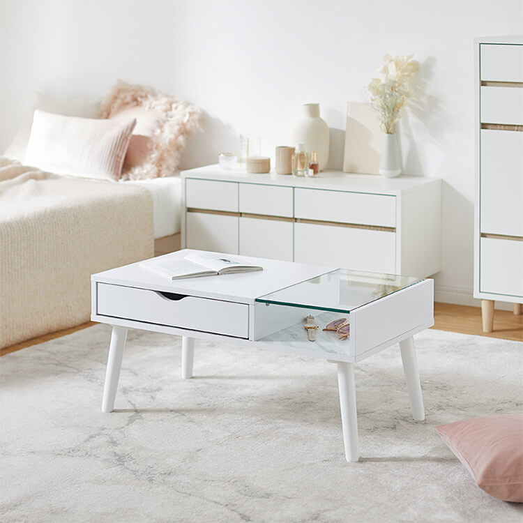 幅79]大理石柄 リビングテーブル 収納付き ガラス天板 | 【公式】LOWYA