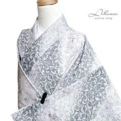 LULU64 着物 小紋 袷 洗える着物 ペイズリー 花 叩き染め調 白 紫