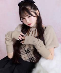 ミシェルマカロンファースリーブチェックニットトップス free size