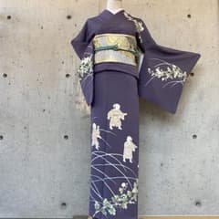 正絹 訪問着 童子柄 落款 一つ紋 紫系 袷 - メルカリ