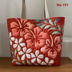 ハワイアンキルト◇トートバッグ◇ハイビスカス、プルメリア