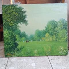 4262）松本竹敏 油絵F15号「馬牛のいる風景 1975年」独立美術