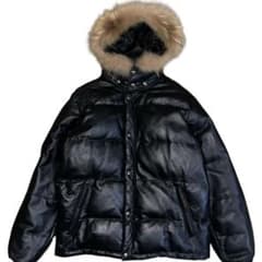 波達 ブラック 羊革 レザー ダウンジャケット ファー付き - メルカリ