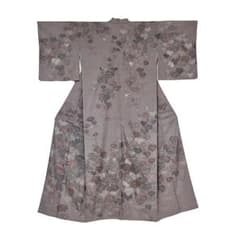 重要無形文化財 結城紬 正絹 手描友禅 新古品 グレー 葡萄 №ymk0050