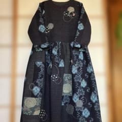 絣リメイク Mサイズ刺し子＆アップリケ シンプルワンピース ギャザー