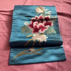 アンティーク 刺繍 名古屋帯 刺繍帯 正絹 牡丹 孔雀青 金糸 繻子織