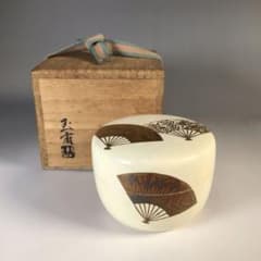 M393 棗 『稲井玉甫作』『白漆塗』『扇面蒔絵』『平棗』 共箱