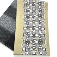 帯6577 ○高級 正絹 ぜんまい紬 紅型 片面全通 リバーシブル 袋帯