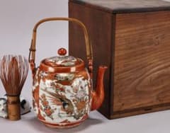 明治期 九谷造 赤絵 花鳥唐子図 注水 急須 重さ347g 茶道具 煎茶道具