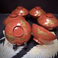 漆器 輪島塗 金蒔絵松鶴文 木製 蓋付椀 お煮物椀 吸物椀 5客 骨董品