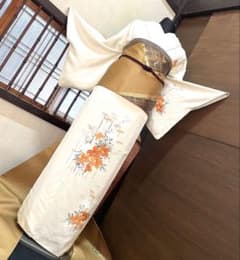 訪問着 フルセット5点サイズM〜L手描き友禅正絹 太鼓柄袋帯刺繍 草花